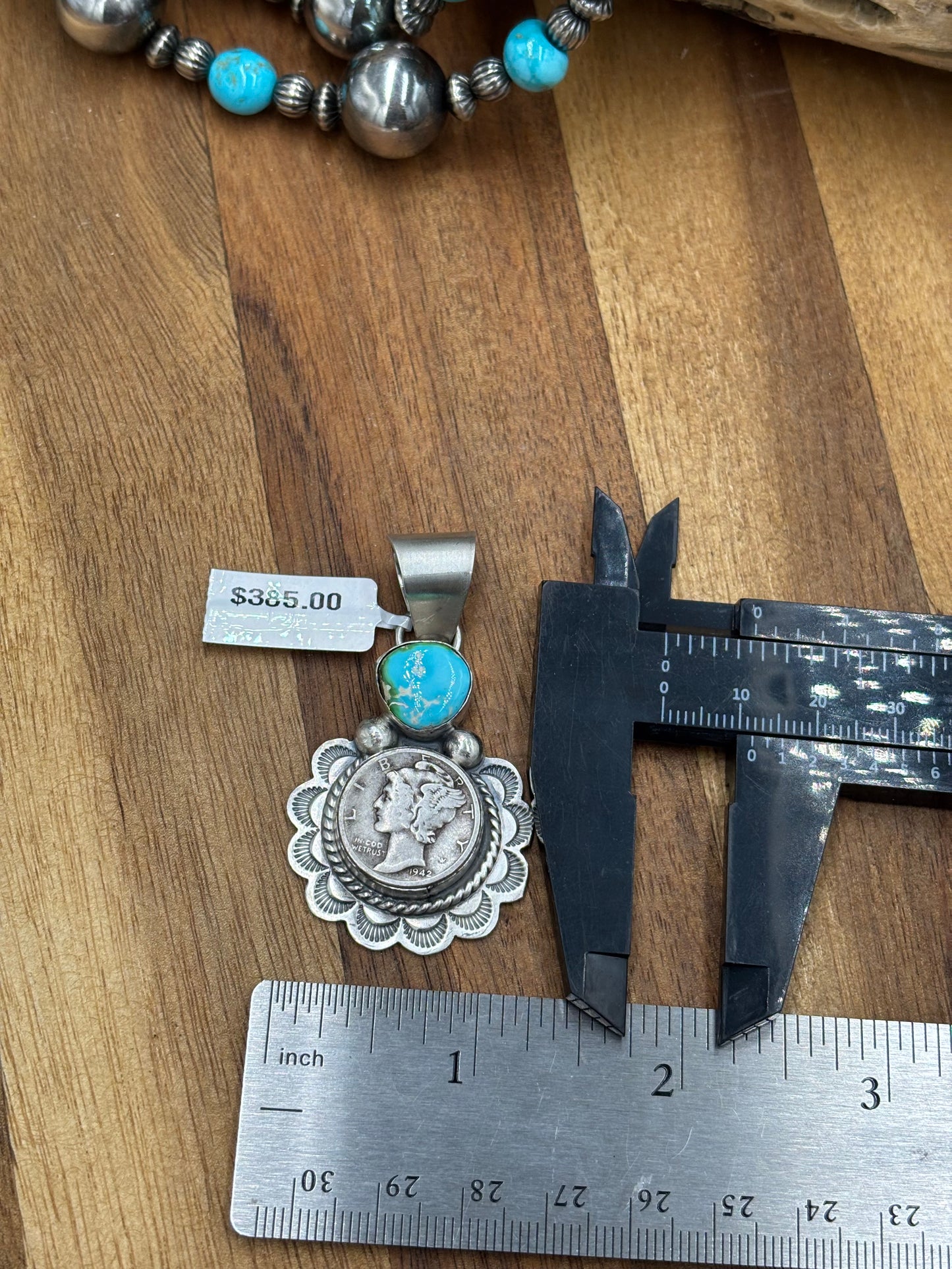 Sonoran Gold Turquoise Mercury Dime Pendant by H Joe, Navajo