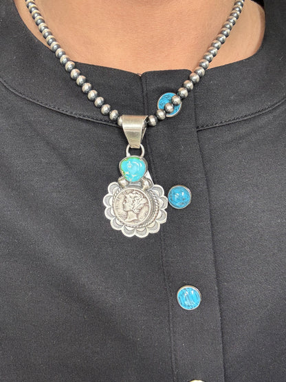 Sonoran Gold Turquoise Mercury Dime Pendant by H Joe, Navajo