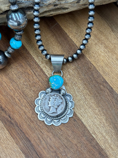 Sonoran Gold Turquoise Mercury Dime Pendant by H Joe, Navajo