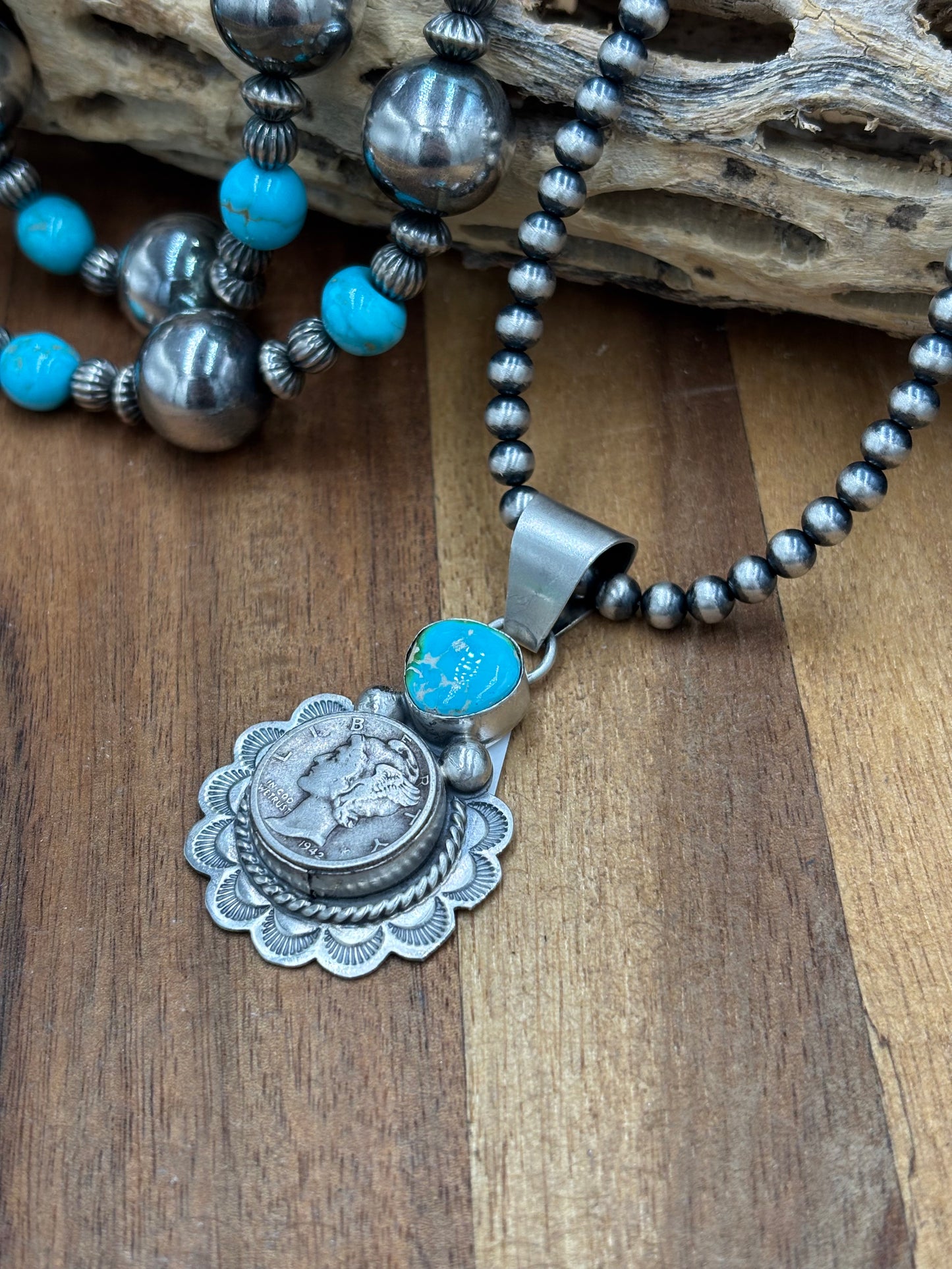 Sonoran Gold Turquoise Mercury Dime Pendant by H Joe, Navajo