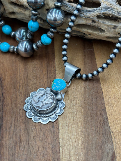 Sonoran Gold Turquoise Mercury Dime Pendant by H Joe, Navajo