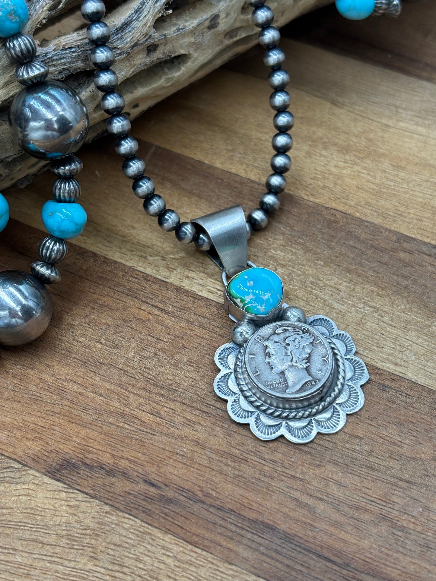 Sonoran Gold Turquoise Mercury Dime Pendant by H Joe, Navajo