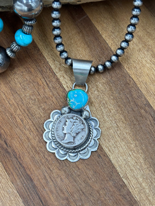 Sonoran Gold Turquoise Mercury Dime Pendant by H Joe, Navajo