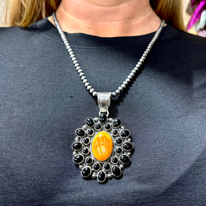 Orange Spiny & Black Onyx Pendent Stamped ZIA