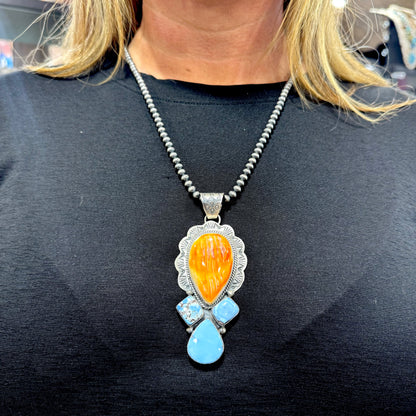 Orange Spiny and Golden Hills Pendent By Terrel Nez SR., Navajo