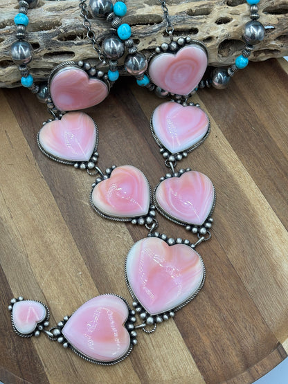 Pink Conch #1012-1 Heart Statement Lariat Necklace by M Honse Jr, Navajo