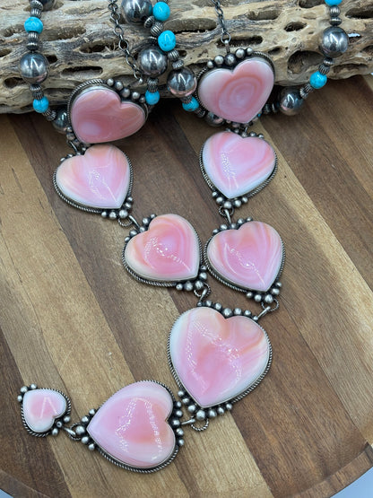 Pink Conch #1012-1 Heart Statement Lariat Necklace by M Honse Jr, Navajo