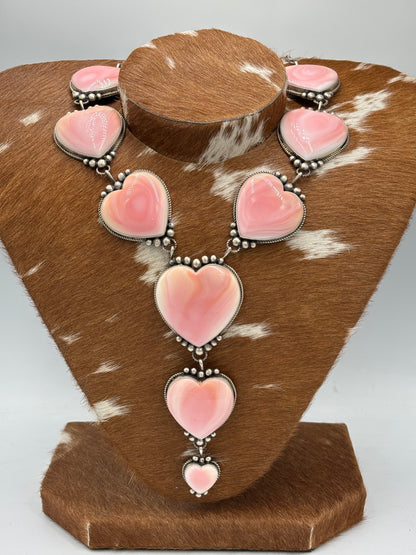 Pink Conch #1012-1 Heart Statement Lariat Necklace by M Honse Jr, Navajo
