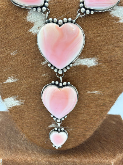 Pink Conch #1012-1 Heart Statement Lariat Necklace by M Honse Jr, Navajo