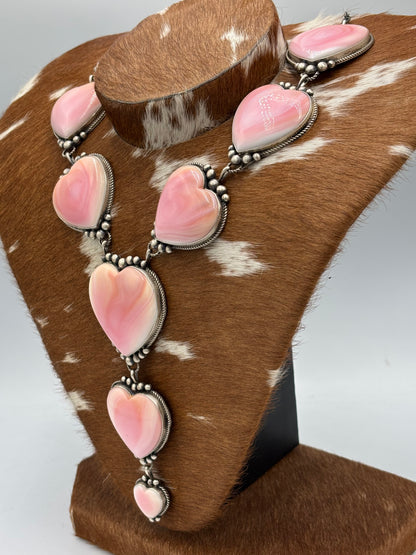 Pink Conch #1012-1 Heart Statement Lariat Necklace by M Honse Jr, Navajo