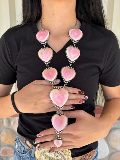 Pink Conch #1012-1 Heart Statement Lariat Necklace by M Honse Jr, Navajo