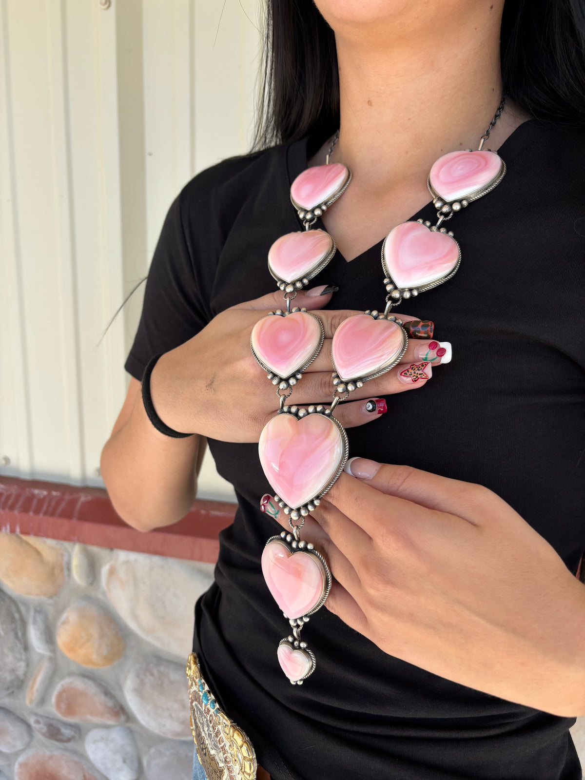 Pink Conch #1012-1 Heart Statement Lariat Necklace by M Honse Jr, Navajo