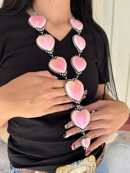 Pink Conch #1012-1 Heart Statement Lariat Necklace by M Honse Jr, Navajo