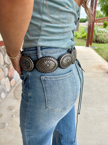 Black Genuine Leather Oval Vintage Silver Concho Belt