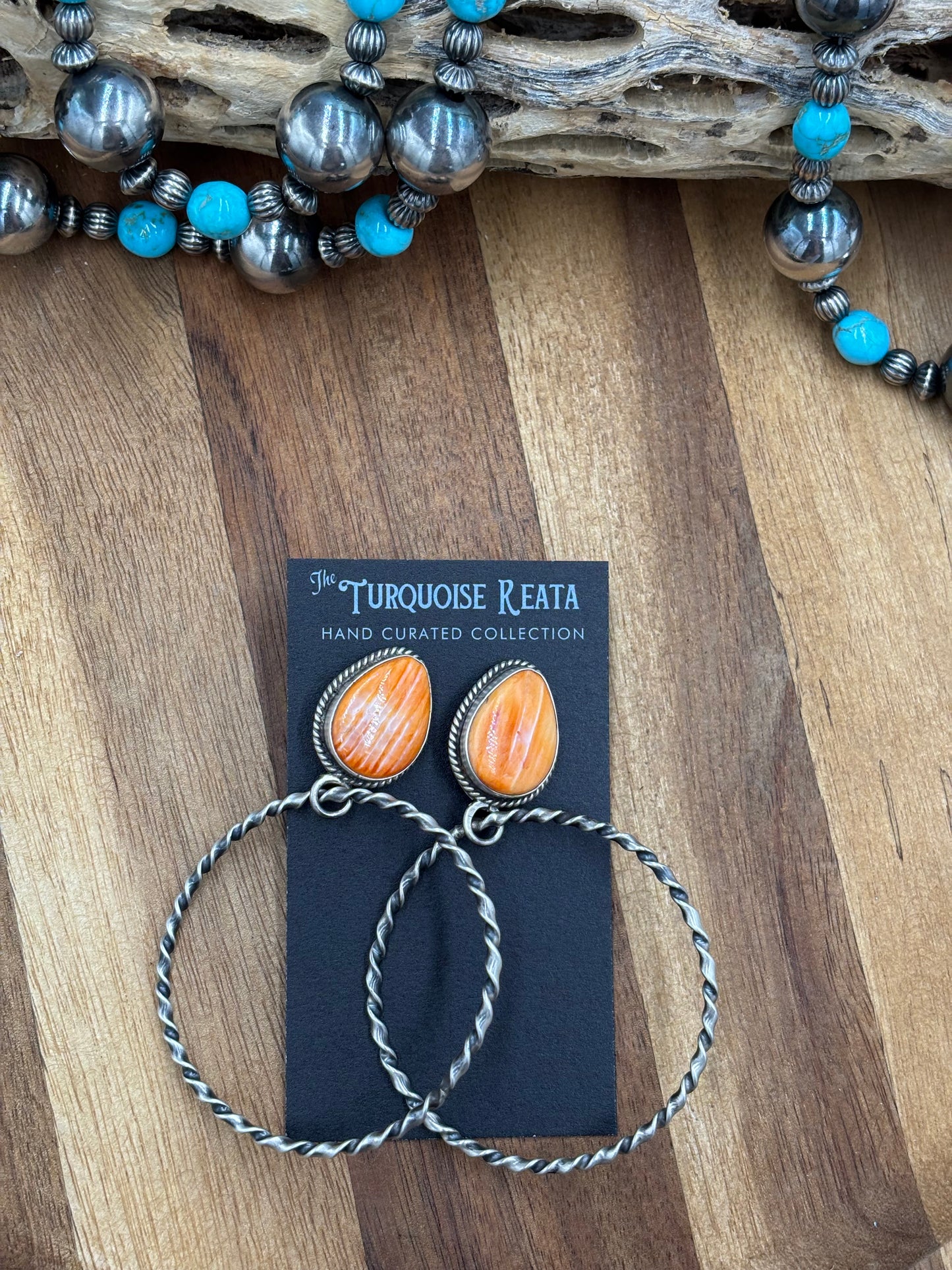 Orange Spiny Hoop Earrings by Elouise Kee, Navajo