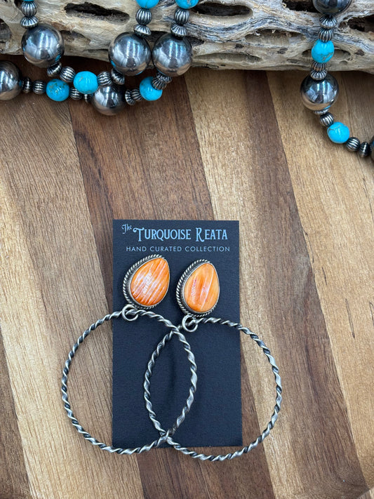 Orange Spiny Hoop Earrings by Elouise Kee, Navajo