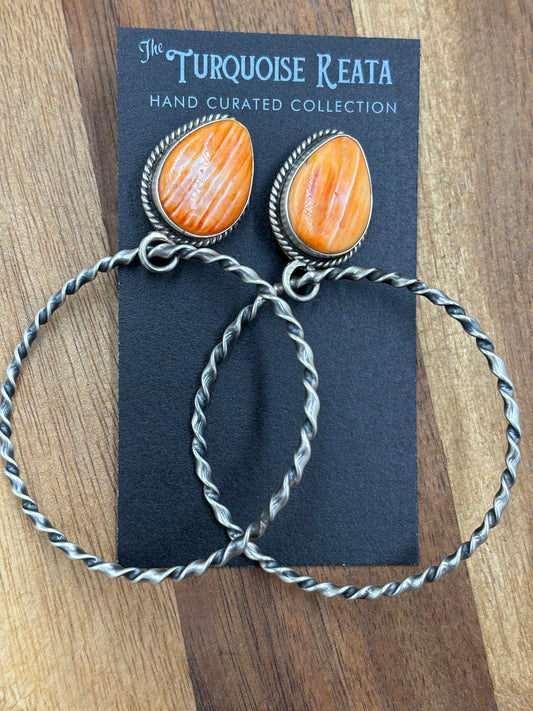 Orange Spiny Hoop Earrings by Elouise Kee, Navajo