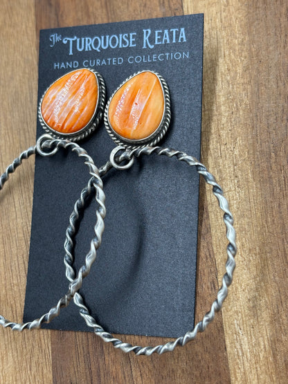 Orange Spiny Hoop Earrings by Elouise Kee, Navajo