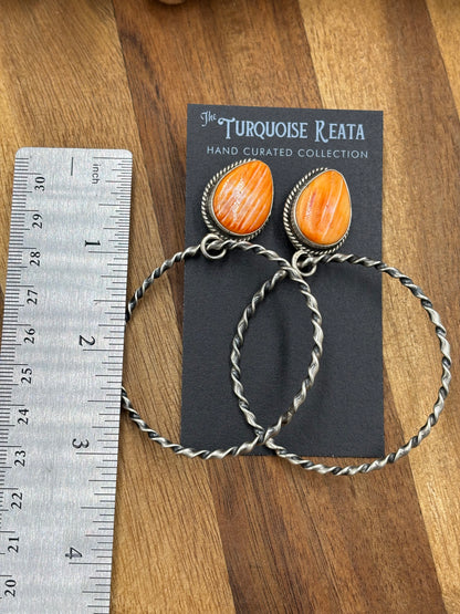 Orange Spiny Hoop Earrings by Elouise Kee, Navajo