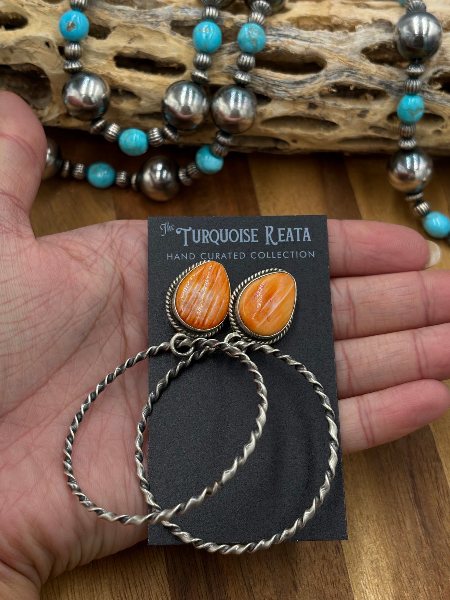 Orange Spiny Hoop Earrings by Elouise Kee, Navajo