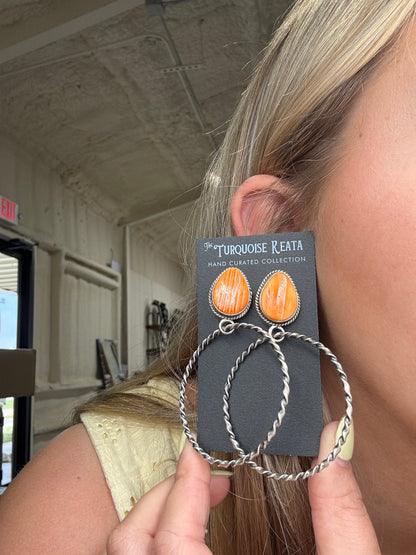 Orange Spiny Hoop Earrings by Elouise Kee, Navajo