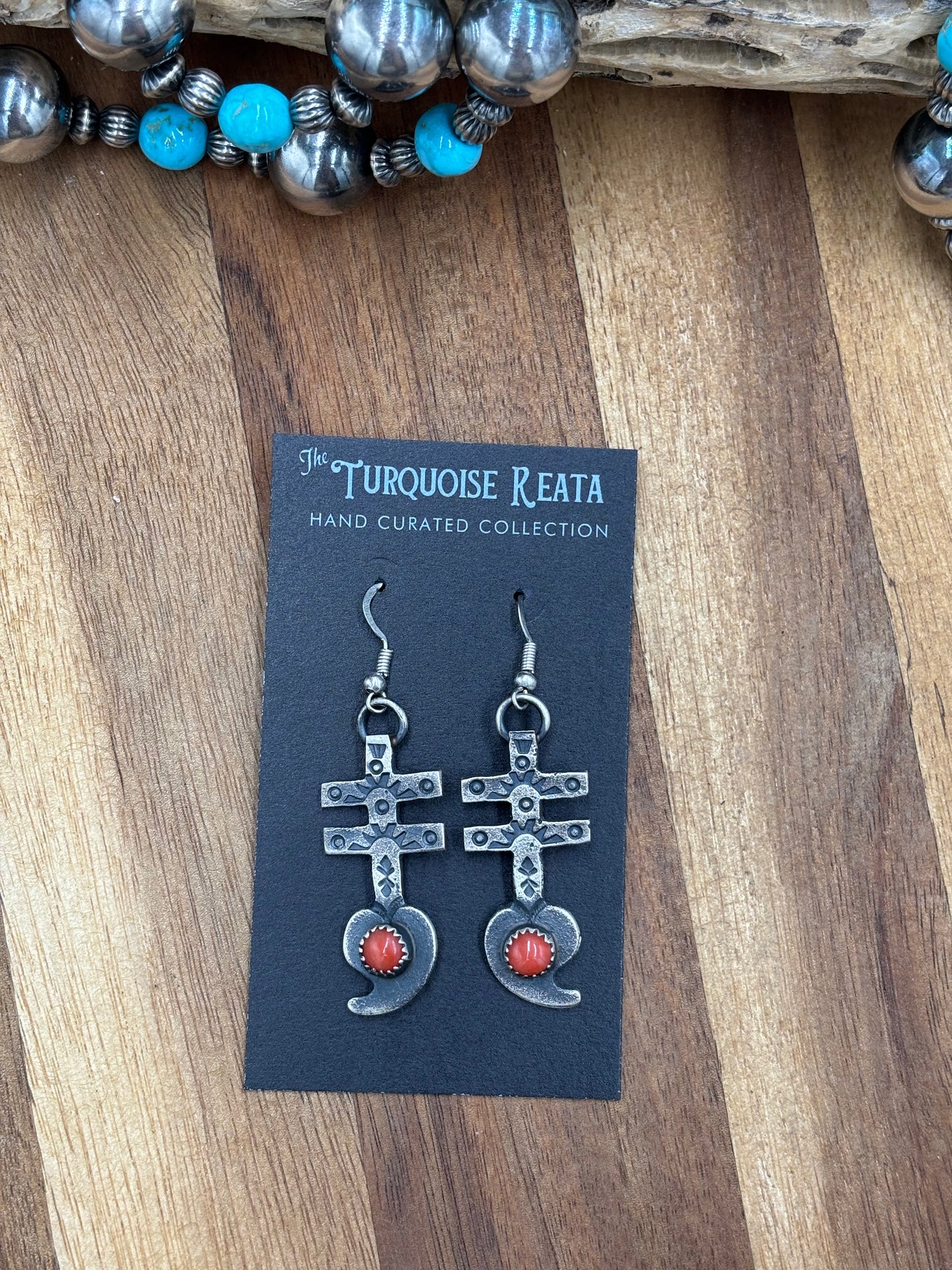Coral Earrings Cross by KB, Navajo