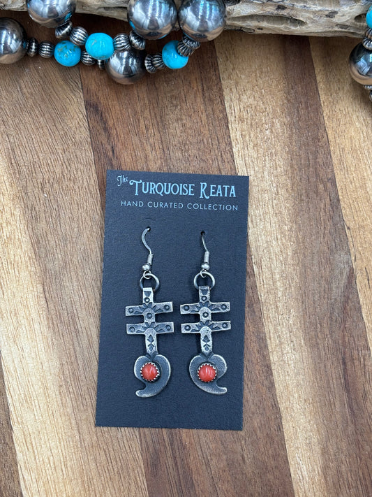 Coral Earrings Cross by KB, Navajo