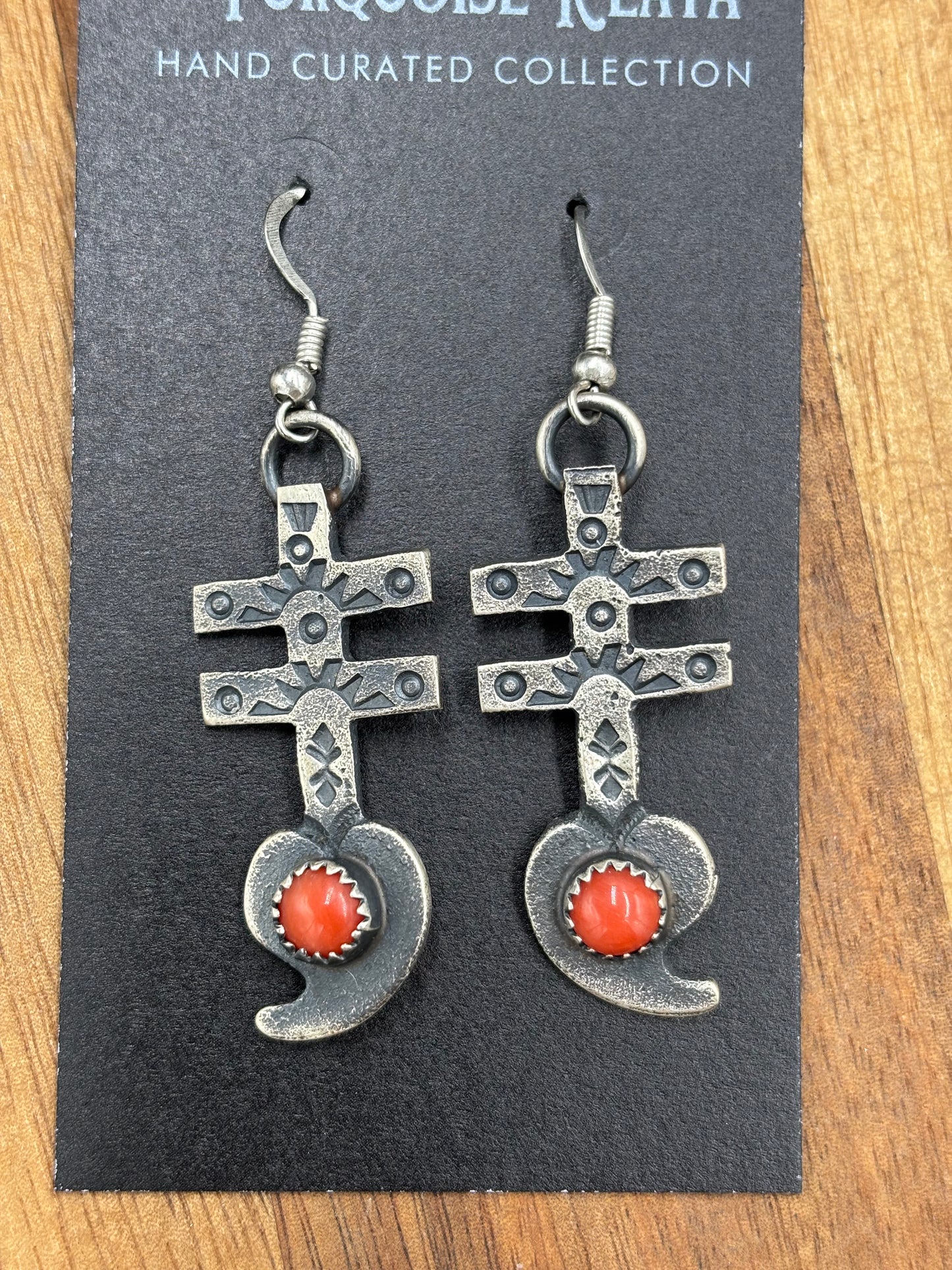 Coral Earrings Cross by KB, Navajo