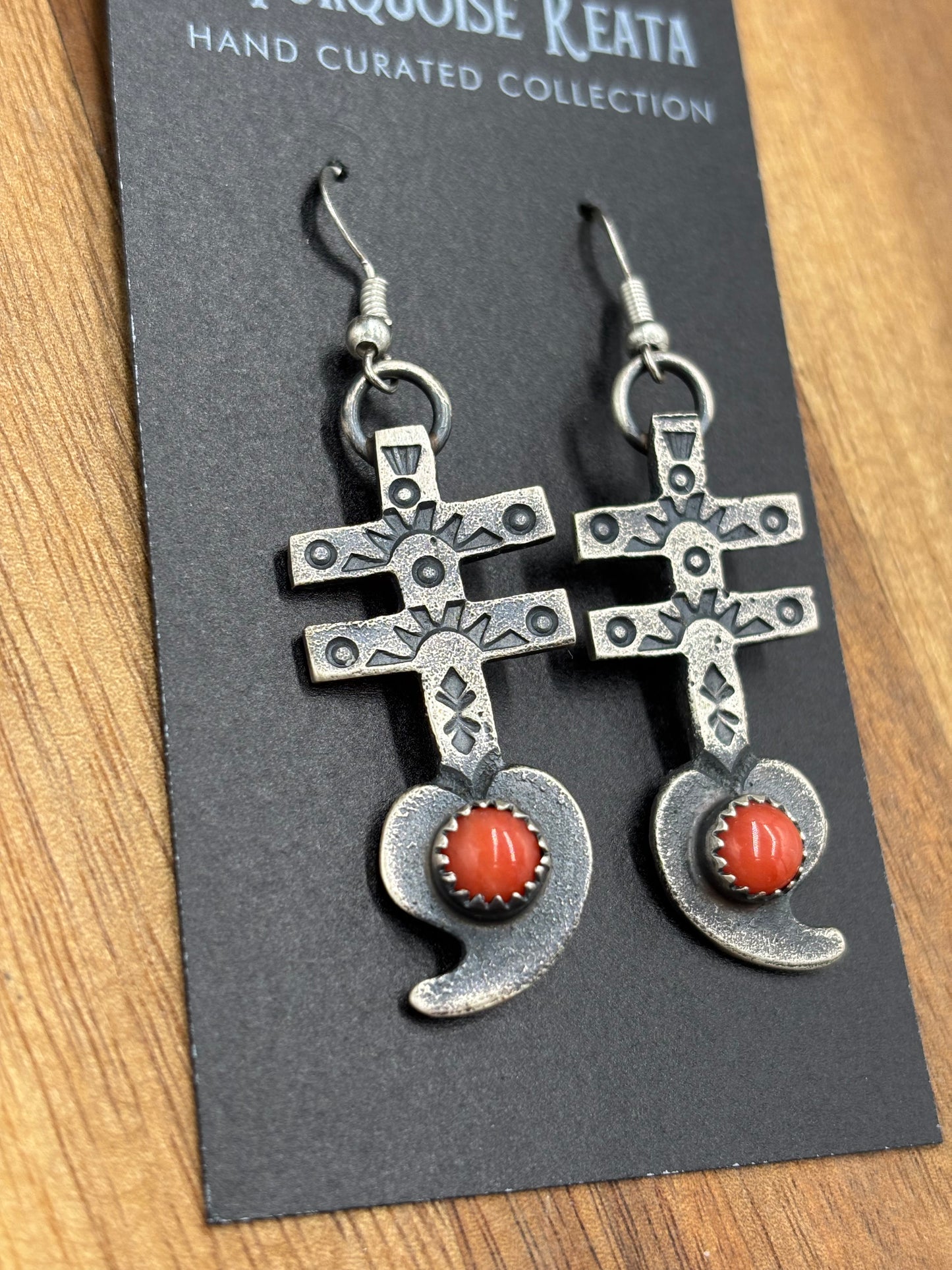 Coral Earrings Cross by KB, Navajo