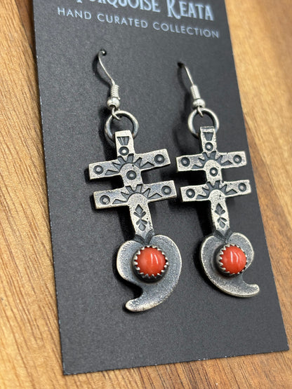 Coral Earrings Cross by KB, Navajo