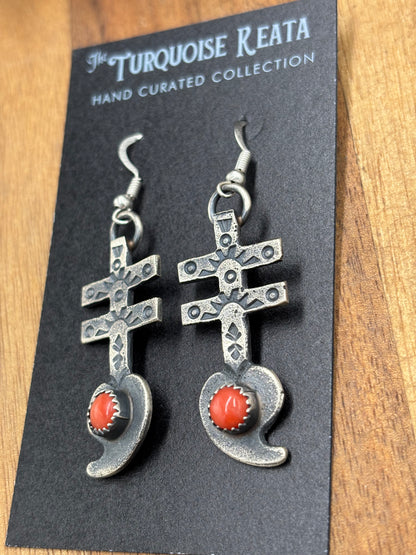 Coral Earrings Cross by KB, Navajo