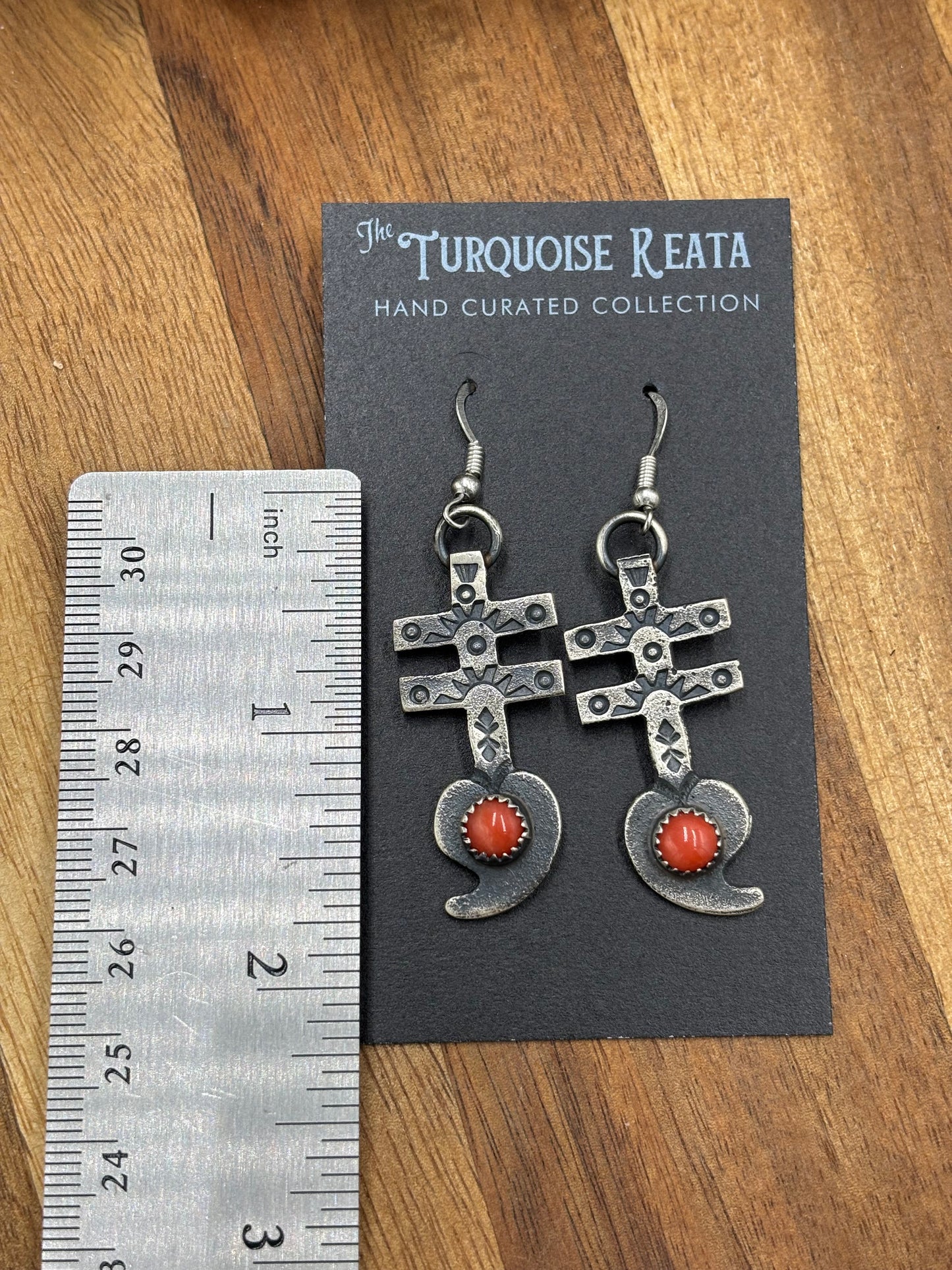 Coral Earrings Cross by KB, Navajo