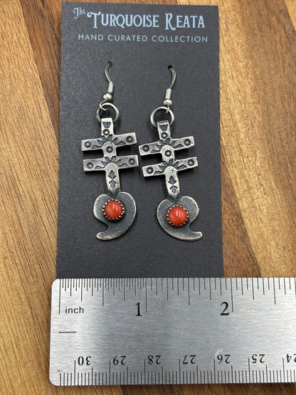 Coral Earrings Cross by KB, Navajo