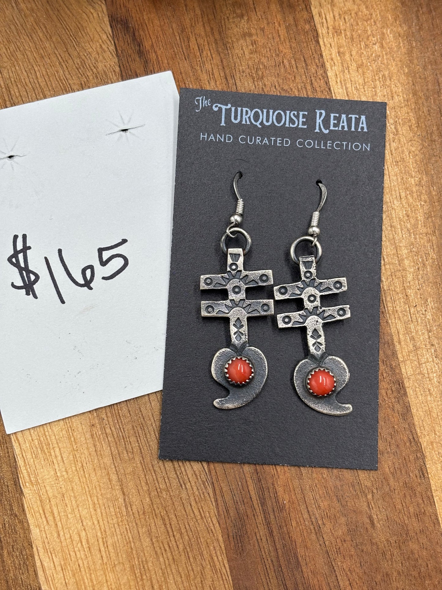 Coral Earrings Cross by KB, Navajo