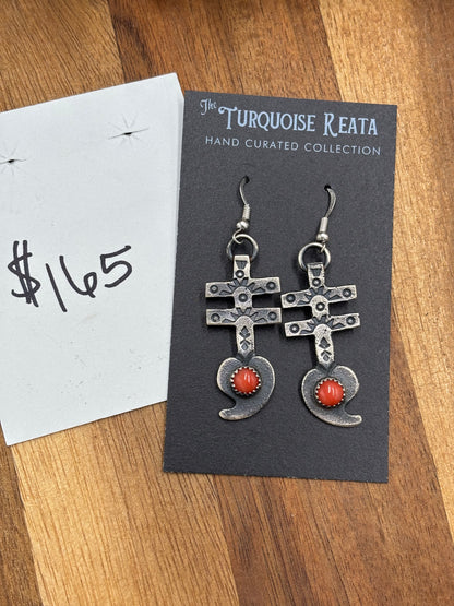 Coral Earrings Cross by KB, Navajo