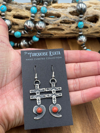 Coral Earrings Cross by KB, Navajo