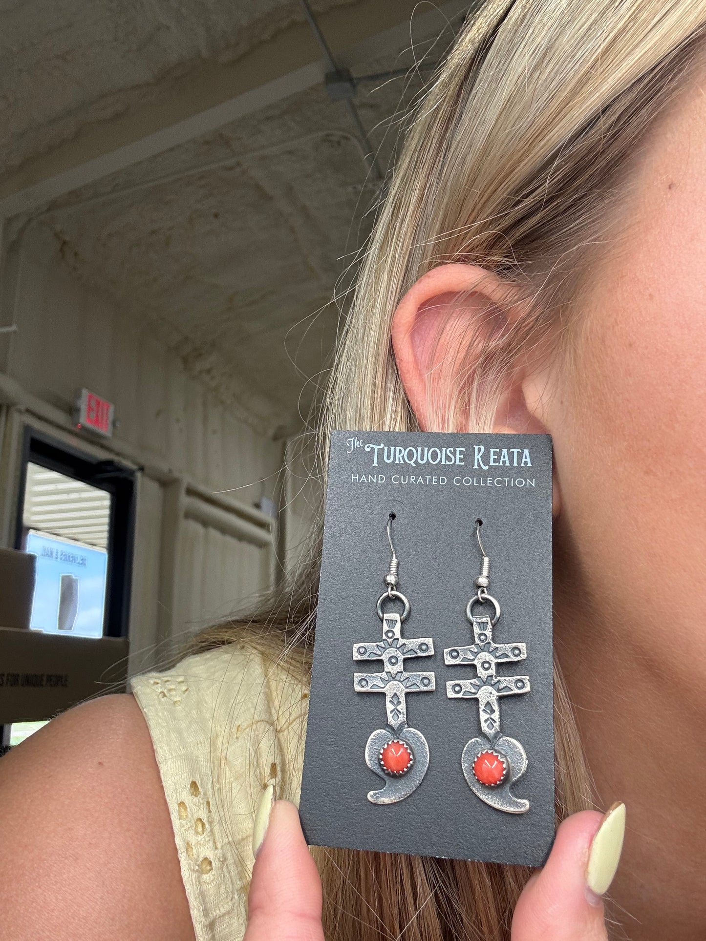Coral Earrings Cross by KB, Navajo