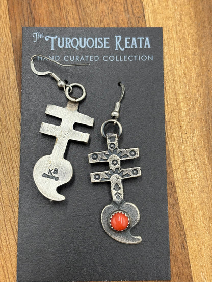 Coral Earrings Cross by KB, Navajo