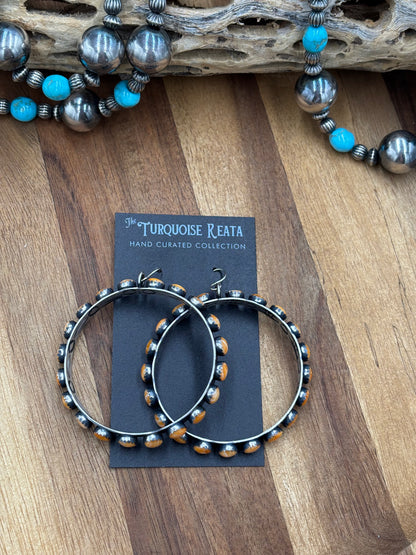 Orange Spiny Hoop Earrings by Russell Sam, Navajo