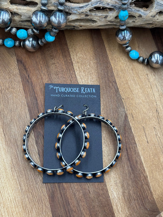 Orange Spiny Hoop Earrings by Russell Sam, Navajo
