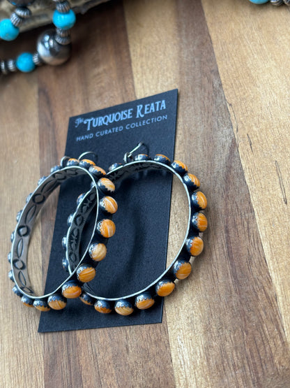 Orange Spiny Hoop Earrings by Russell Sam, Navajo