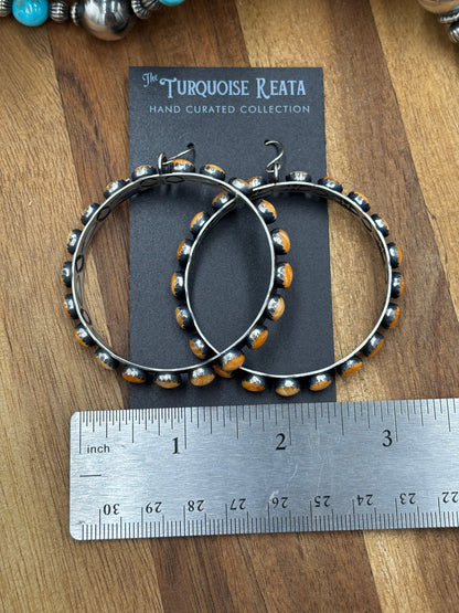 Orange Spiny Hoop Earrings by Russell Sam, Navajo