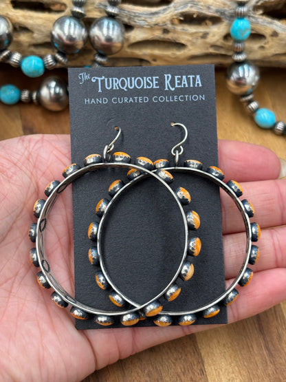 Orange Spiny Hoop Earrings by Russell Sam, Navajo