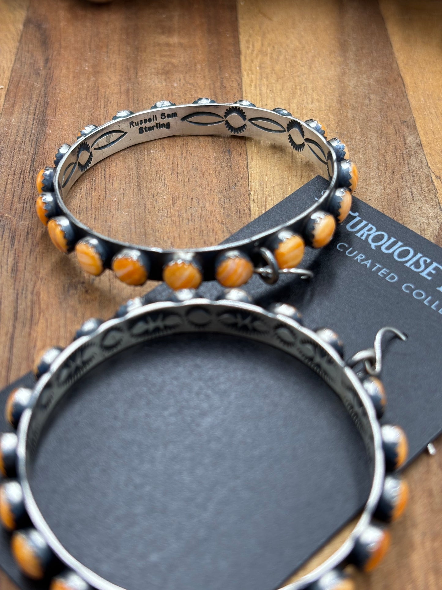 Orange Spiny Hoop Earrings by Russell Sam, Navajo