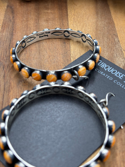 Orange Spiny Hoop Earrings by Russell Sam, Navajo
