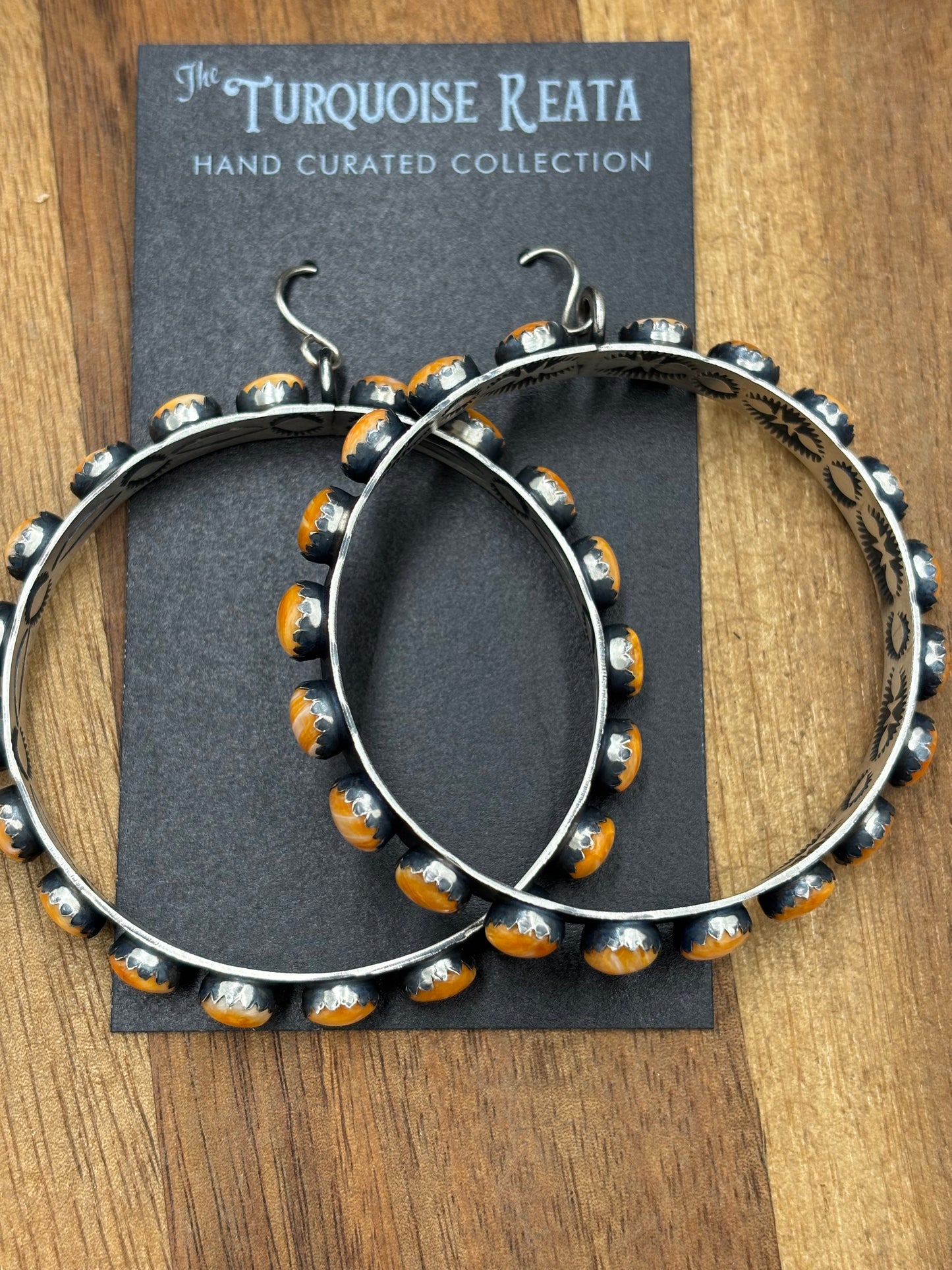 Orange Spiny Hoop Earrings by Russell Sam, Navajo