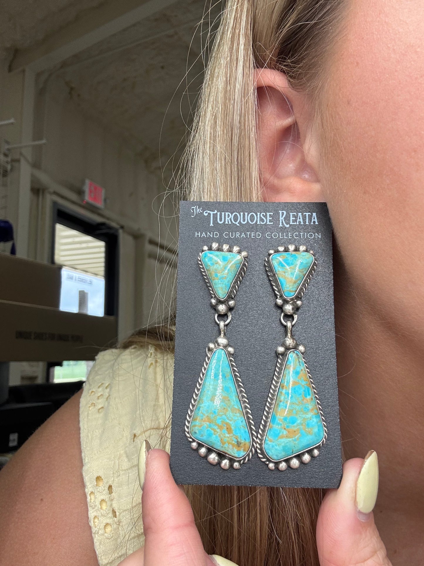 Kingman Turquoise Earrings #2 by Elouise Kee, Navajo