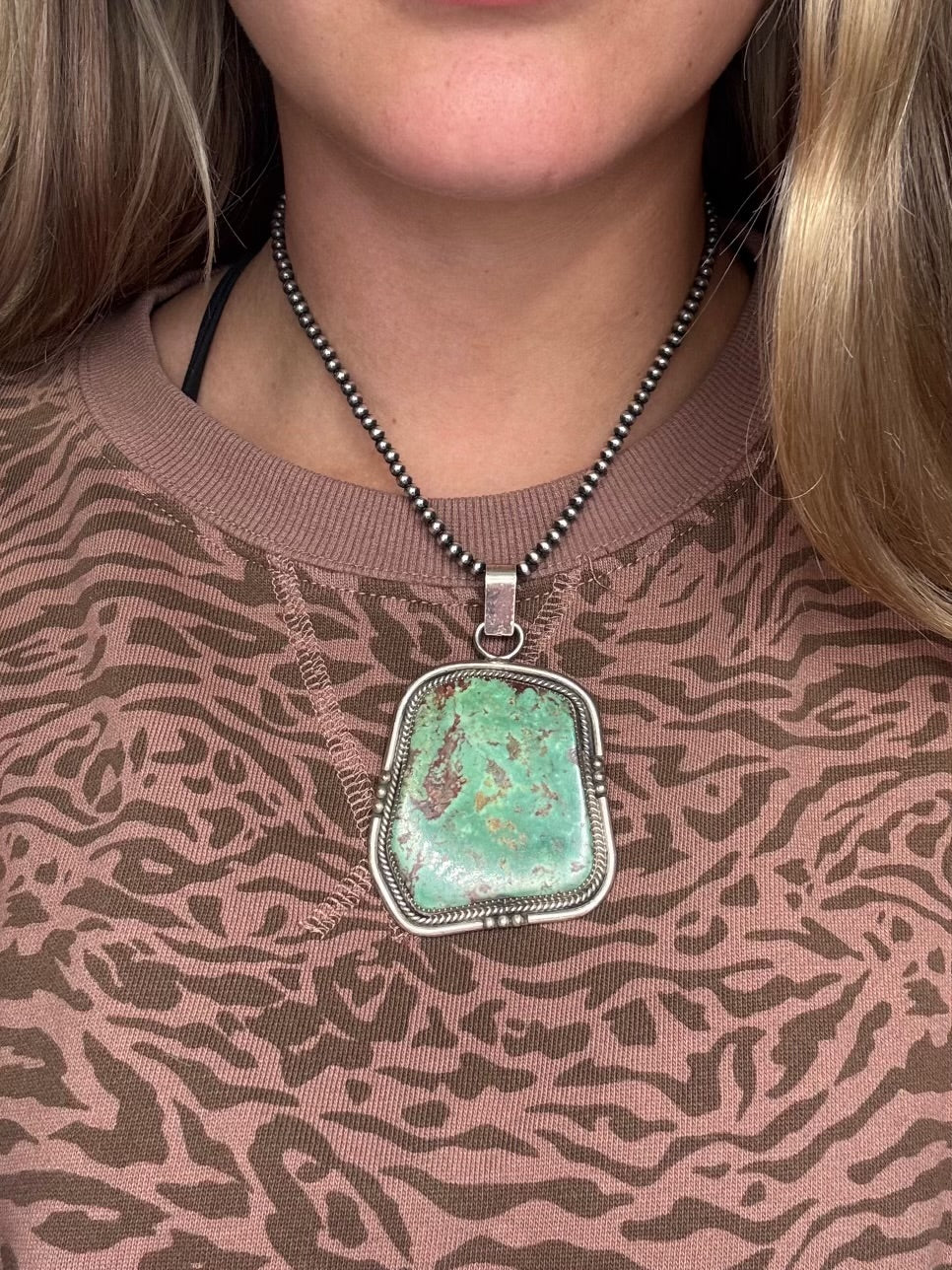 Green Turquoise #1022-28 Pendant by T Lee, Navajo