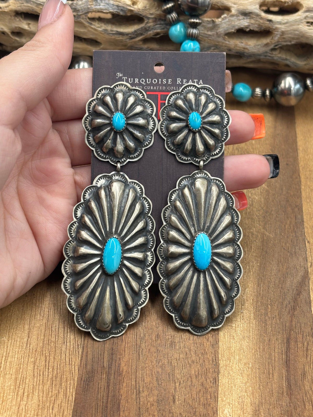 Kingman Turquoise #1022-24 Concho Earrings by Rita Lee, Navajo