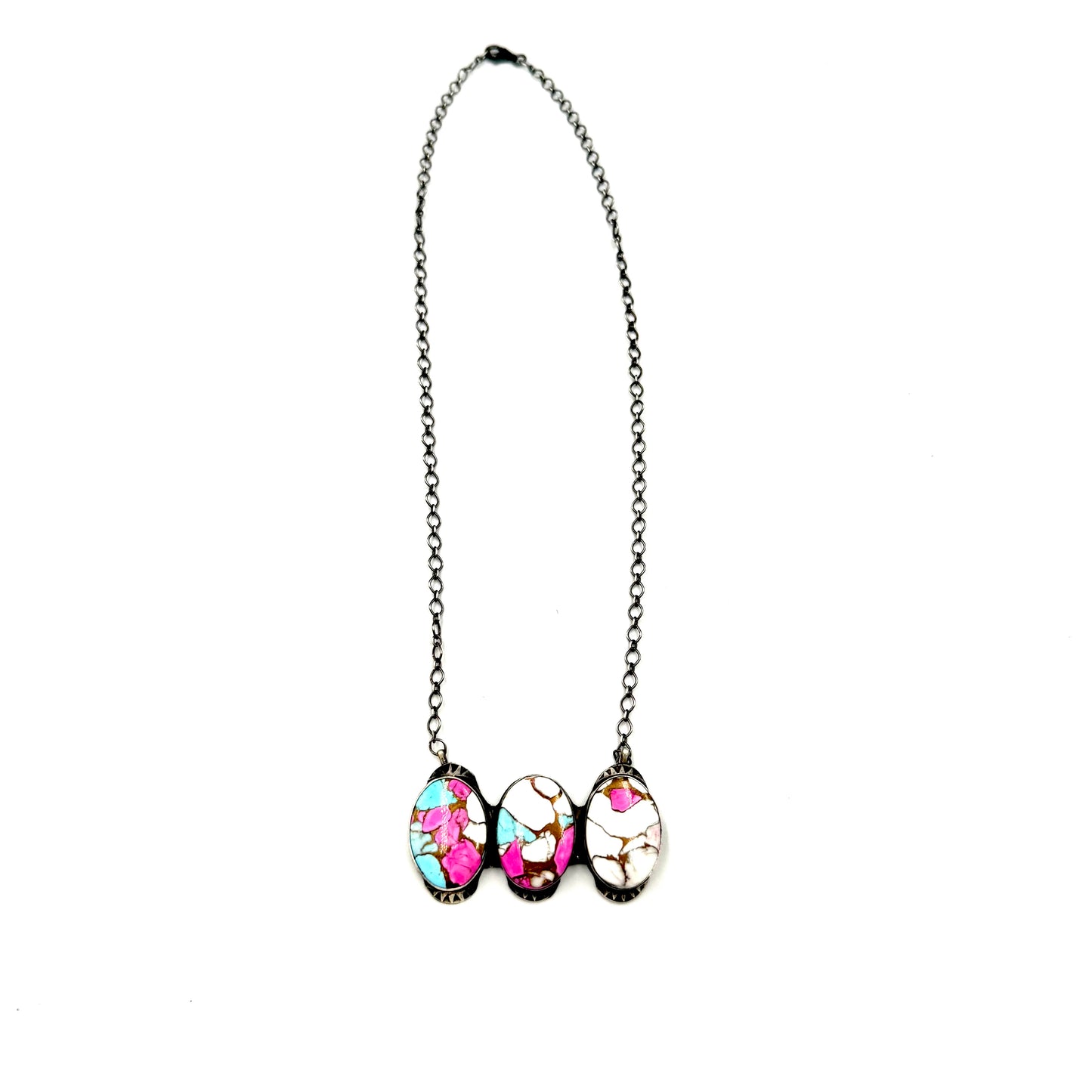 18" 3 Stone Cotton Candy bar necklace By Tia Long, Navajo